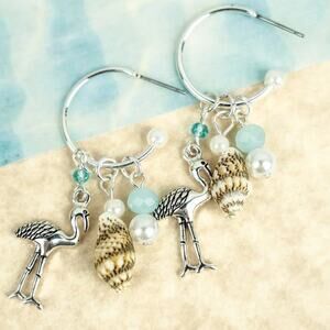 Flamingo and Blue Bead Charm Hoop Earrings